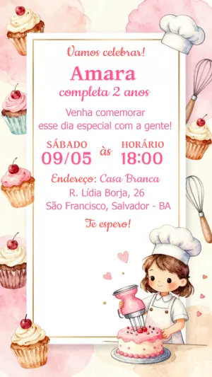 Convite de Aniversário Infantil Confeitaria Rosa Editável