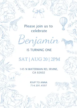 Editable Winnie the Pooh First Birthday Invitation | Blue Safari Theme