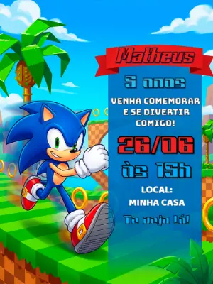 Convite Digital Sonic para Aniversário Infantil Editável