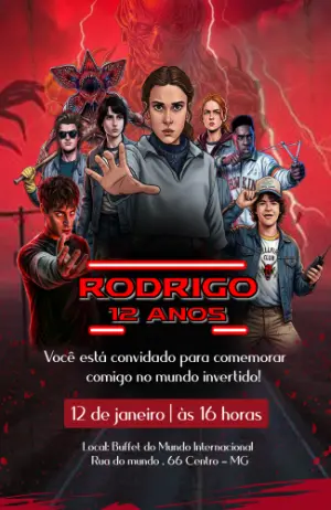 Convite de Aniversário Stranger Things Editável Mundo Invertido