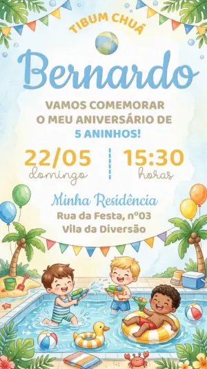 Convite Aniversário Festa na Piscina Menino Aquarela Editável