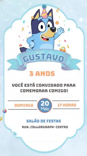Convite de Aniversário Bluey Azul para Editar e Enviar