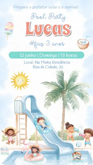 Convite Digital Festa na Piscina Infantil Aquarela para Editar