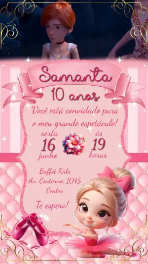 Convite Animado Aniversário Bailarina para Editar Online
