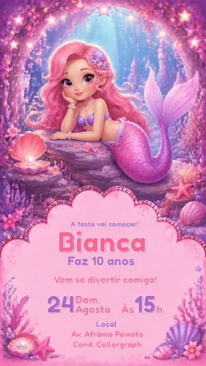 Convite de Aniversário Sereia Rosa Mágica | Modelo Editável