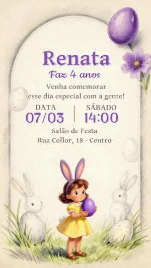 Convite de Aniversário Páscoa Coelhinha Aquarela Editável