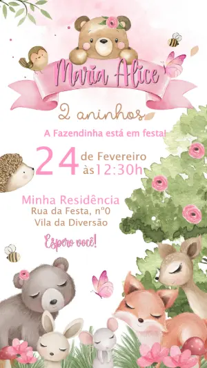 Convite de Aniversário Bosque Encantado Rosa para Editar