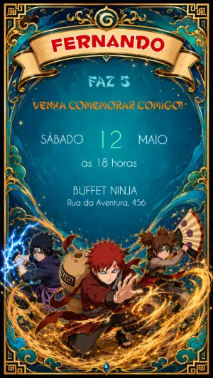 Convite de Aniversário Naruto Editável com Gaara e Sasuke