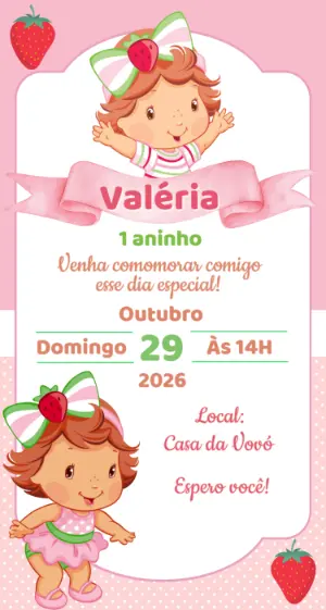 Convite de Aniversário Moranguinho Baby Rosa Editável
