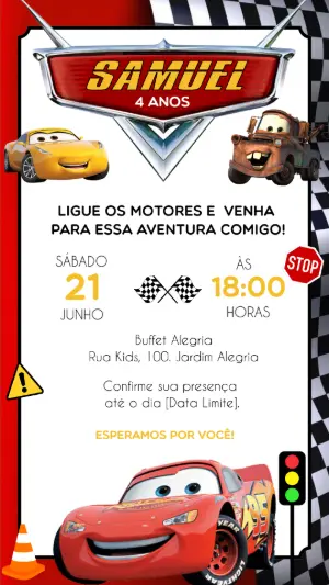 Convite de Aniversário Carros Relâmpago McQueen Editável