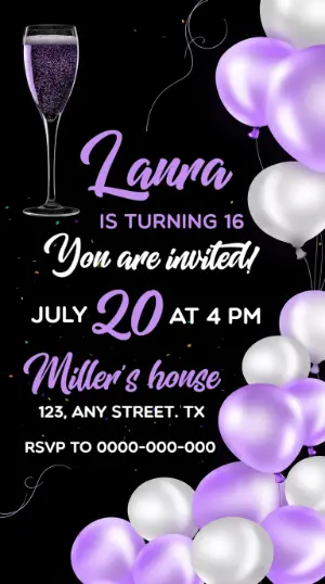 Elegant Purple 16th Birthday Invitation Editable Template