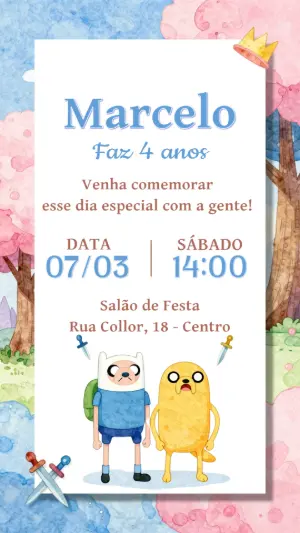 Convite de Aniversário Hora de Aventura Aquarela para Editar