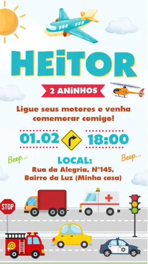 Convite de Aniversário Meios de Transporte Editável