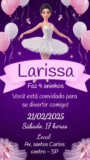 Convite de Aniversário Bailarina Roxo e Rosa para Editar