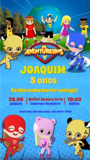 Convite Animado Os Aventureiros para Aniversário Editável