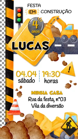 Convite de Aniversário Construção Editável para Menino
