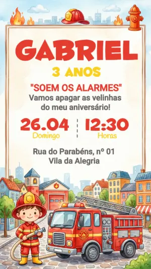 Convite de Aniversário Infantil Bombeiro para Editar