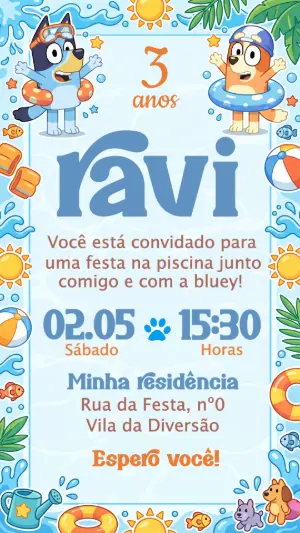 Convite de Aniversário Bluey Pool Party Editável