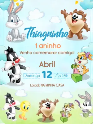 Convite de Aniversário Baby Looney Tunes Fofo para Editar