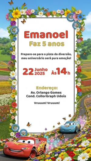 Convite de Aniversário Carros Mcqueen com Flores para Editar