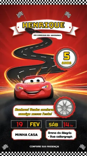 Convite de Aniversário Carros Relâmpago McQueen Editável