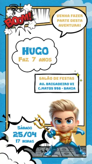 Convite de Aniversário Herói Aquaman Infantil para Editar