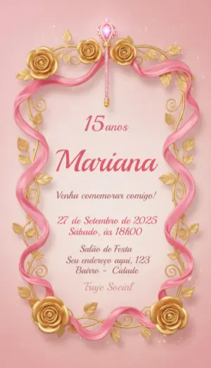 Convite 15 Anos Princesa Rosa e Dourado Modelo Editável