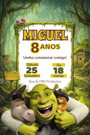 Convite Digital Aniversário Infantil Tema Shrek para Editar