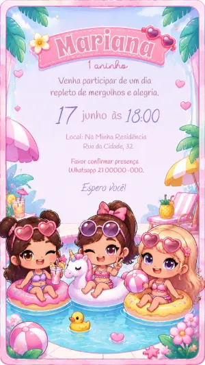 Convite Digital Festa na Piscina Meninas para Aniversário Editável