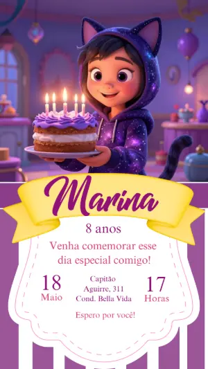 Convite de Aniversário Gatinha Galáxia Roxo Modelo Editável