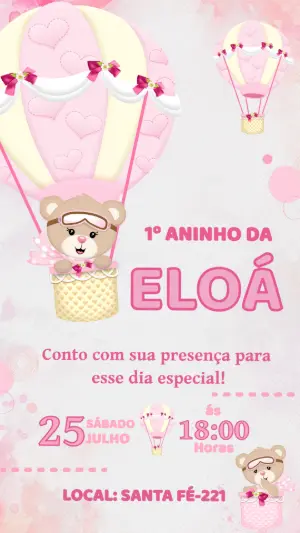Convite de Aniversário Ursinha Baloeira Rosa Editável