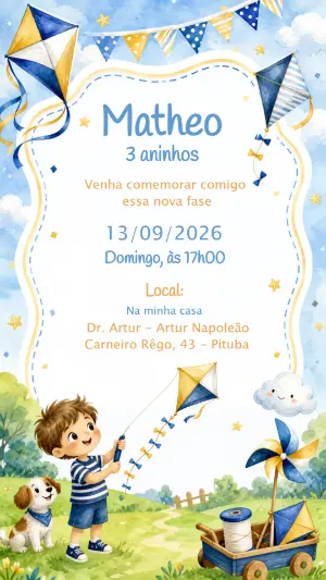 Convite de Aniversário Menino Pipa e Catavento Editável