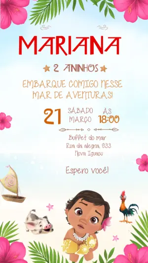 Convite de Aniversário Moana Baby Tropical para Editar Online