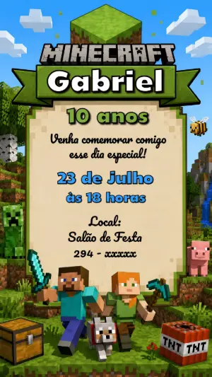 Convite de Aniversário Minecraft com Steve e Alex para Editar