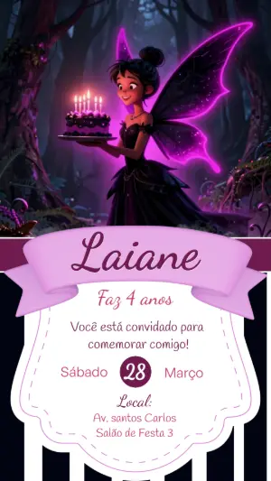 Convite de Aniversário Fada Gótica Roxo e Preto Editável