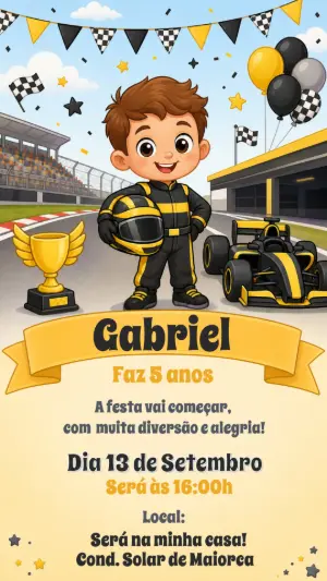 Convite Digital Aniversário Piloto de Corrida para Editar