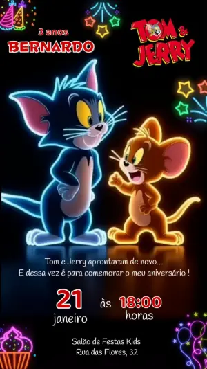 Convite Digital Tom & Jerry Efeito Neon Editável para Aniversário