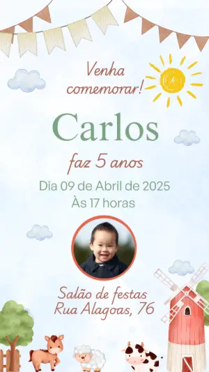 Convite de Aniversário Fazendinha com Foto para Editar Online