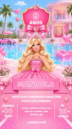 Convite de Aniversário Barbie na Piscina para Editar Online