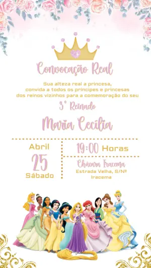 Convite de Aniversário Princesas Disney Rosa e Dourado para Editar