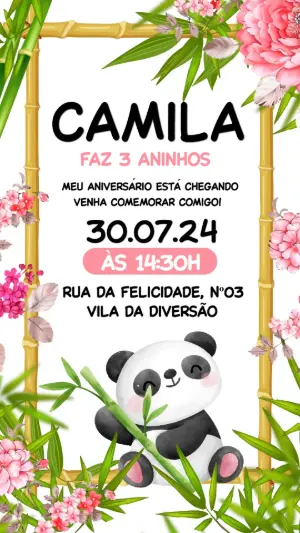Convite de Aniversário Panda Menina Fofo para Editar