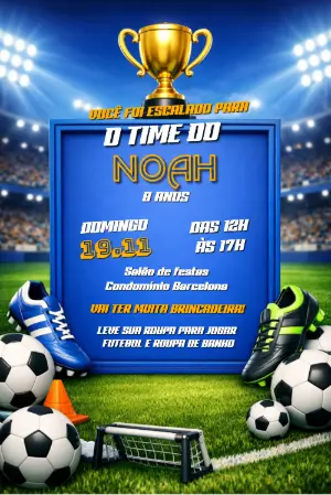Convite Digital Editável Aniversário Tema Futebol com Troféu