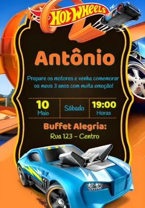 Convite de Aniversário Hot Wheels com Carros para Editar