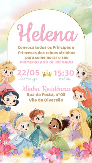Convite Digital Princesas Aquarela Modelo Editável Infantil