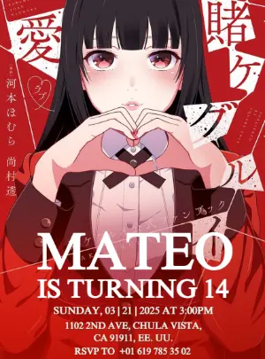 Editable Kakegurui Anime Birthday Invitation Template