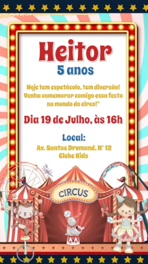 Convite Animado Aniversário Circo para Editar Online