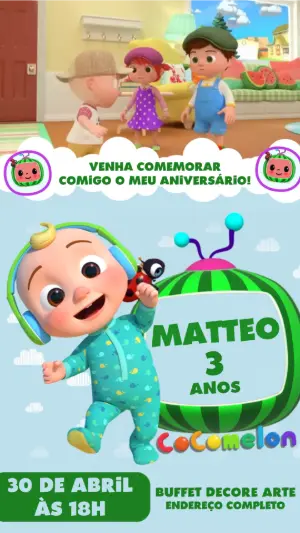 Convite Animado de Aniversário Cocomelon para Editar