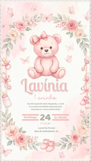Convite de Aniversário Ursinha Rosa Aquarela Editável