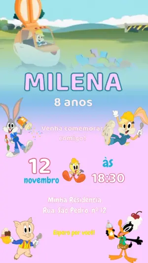Convite Animado Aniversário Looney Tunes para Editar Online