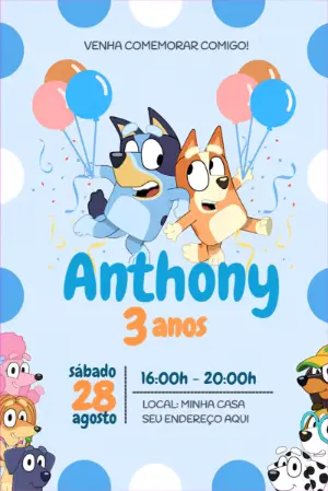 Convite de Aniversário Bluey e Bingo para Editar Online